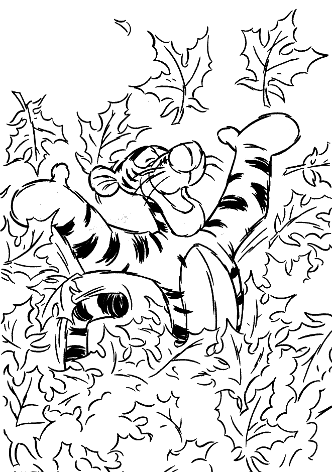 coloriage tigrou joue dans les feuilles